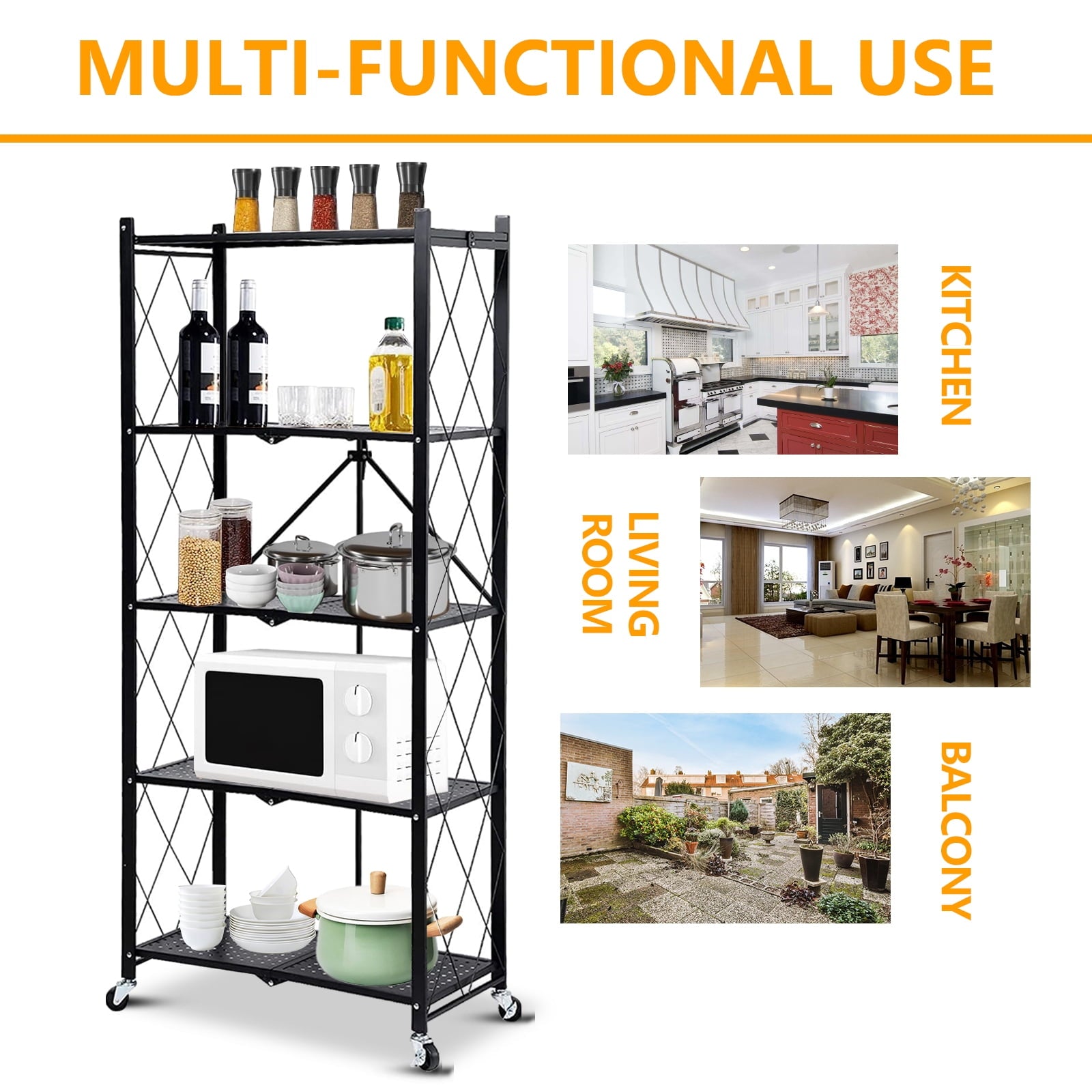 SUGIFT 5 Tier Foldable Storage Shelves for Storage, Metal Shelving Units, Storage Rack for Garage, Kitchen, Basement, Pantry, Black