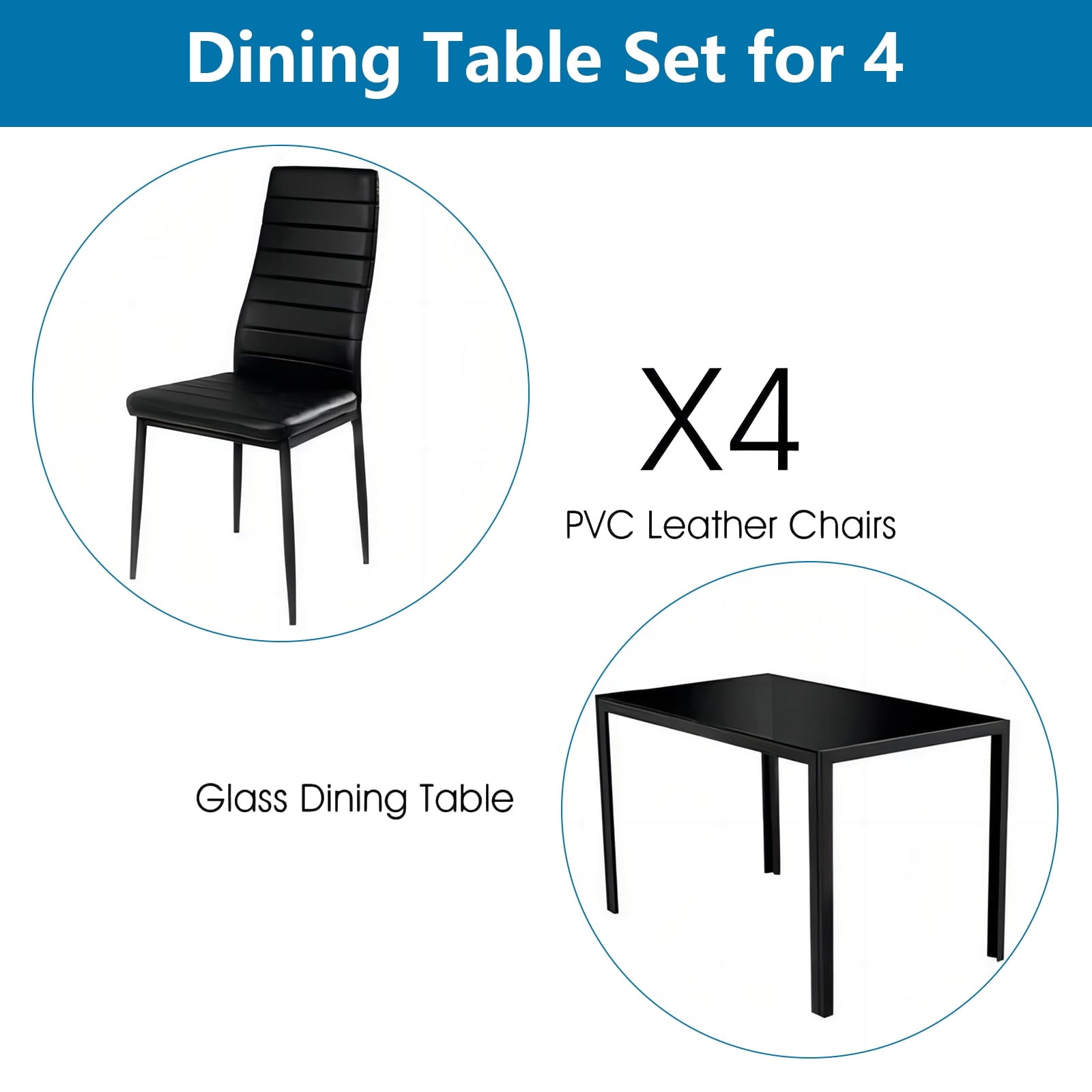 YouYeap 5 Piece Dining Table Set for 4 Glass Dining Table and 4 Chairs Black