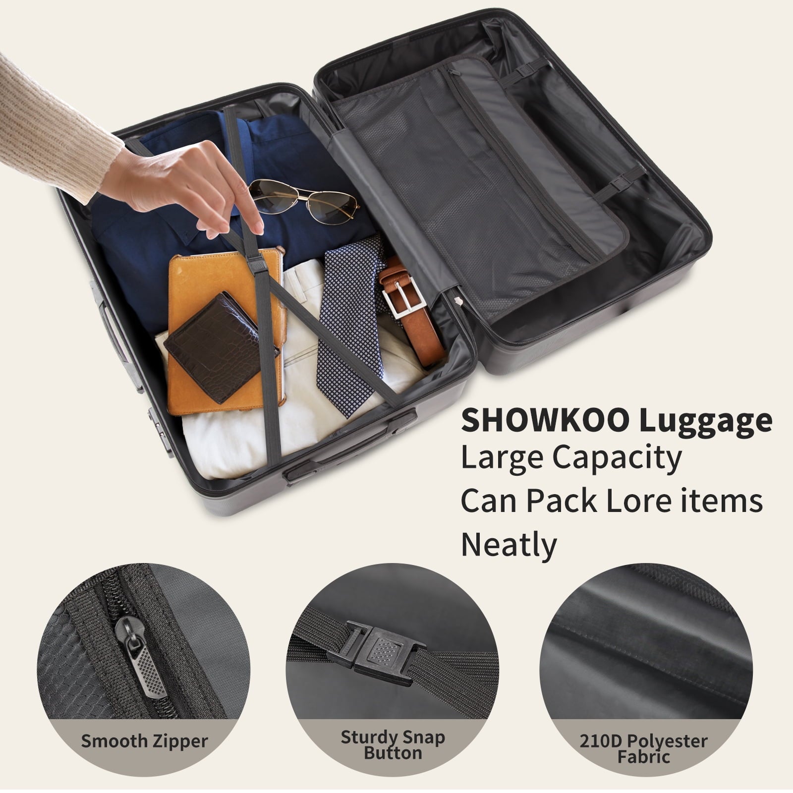 SUGIFT Luggage 3 Piece Set PC ABS Suitcase Set with Wheels Carry on and Checked luggage 20in24in28in Black
