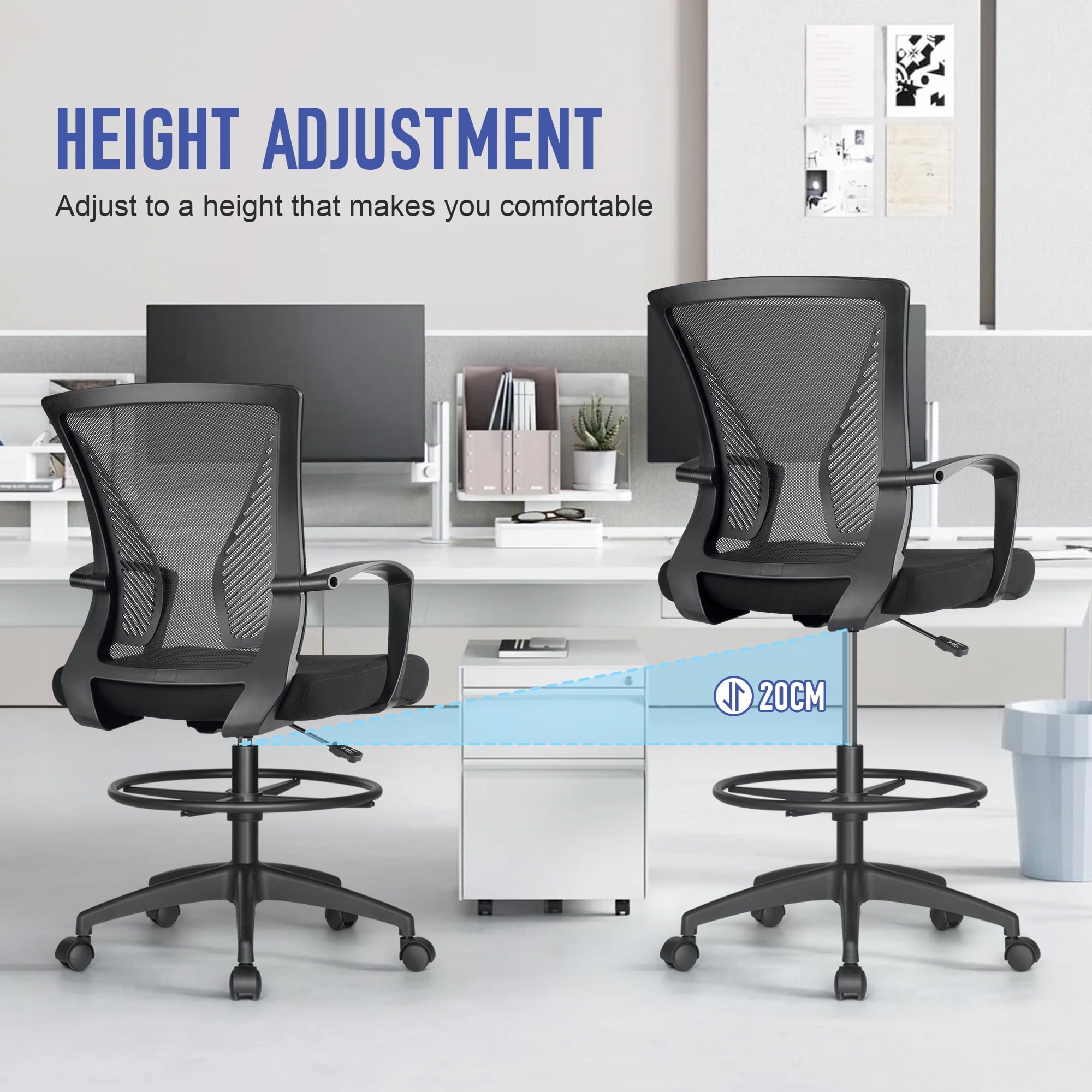 SUGIFT Drafting Chair Tall Office Chair with Lumbar Support and Adjustable Footrest Ring, Black