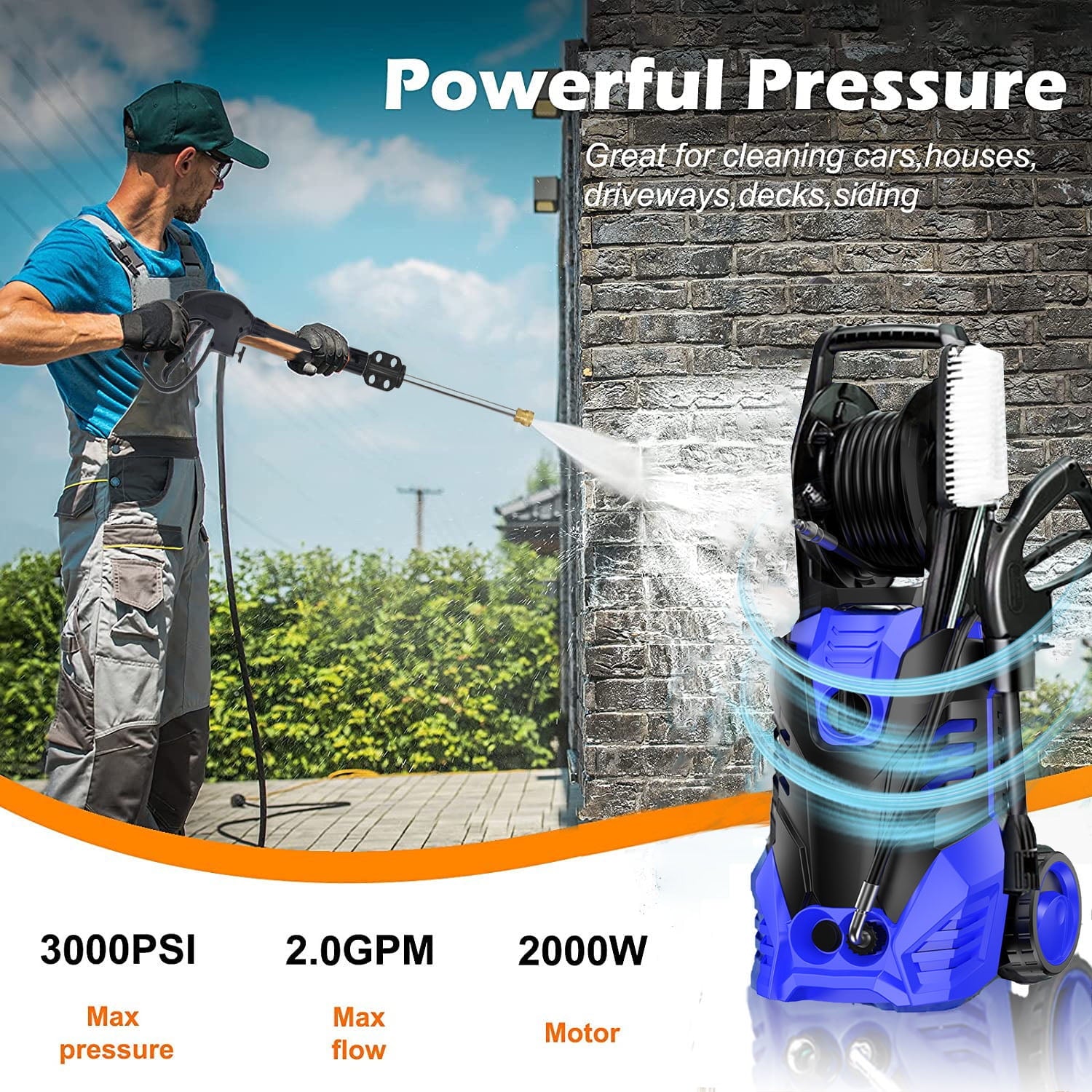 SUGIFT 3000PSI 2.0 GPM Electric Pressure Washer with 5 Quick Spray Nozzle, Blue
