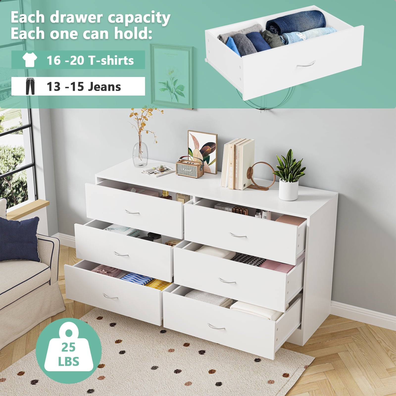 white dresser drawers SUGIFT 6 Drawer White Dresser for Bedroom Versatile Chests of Drawers