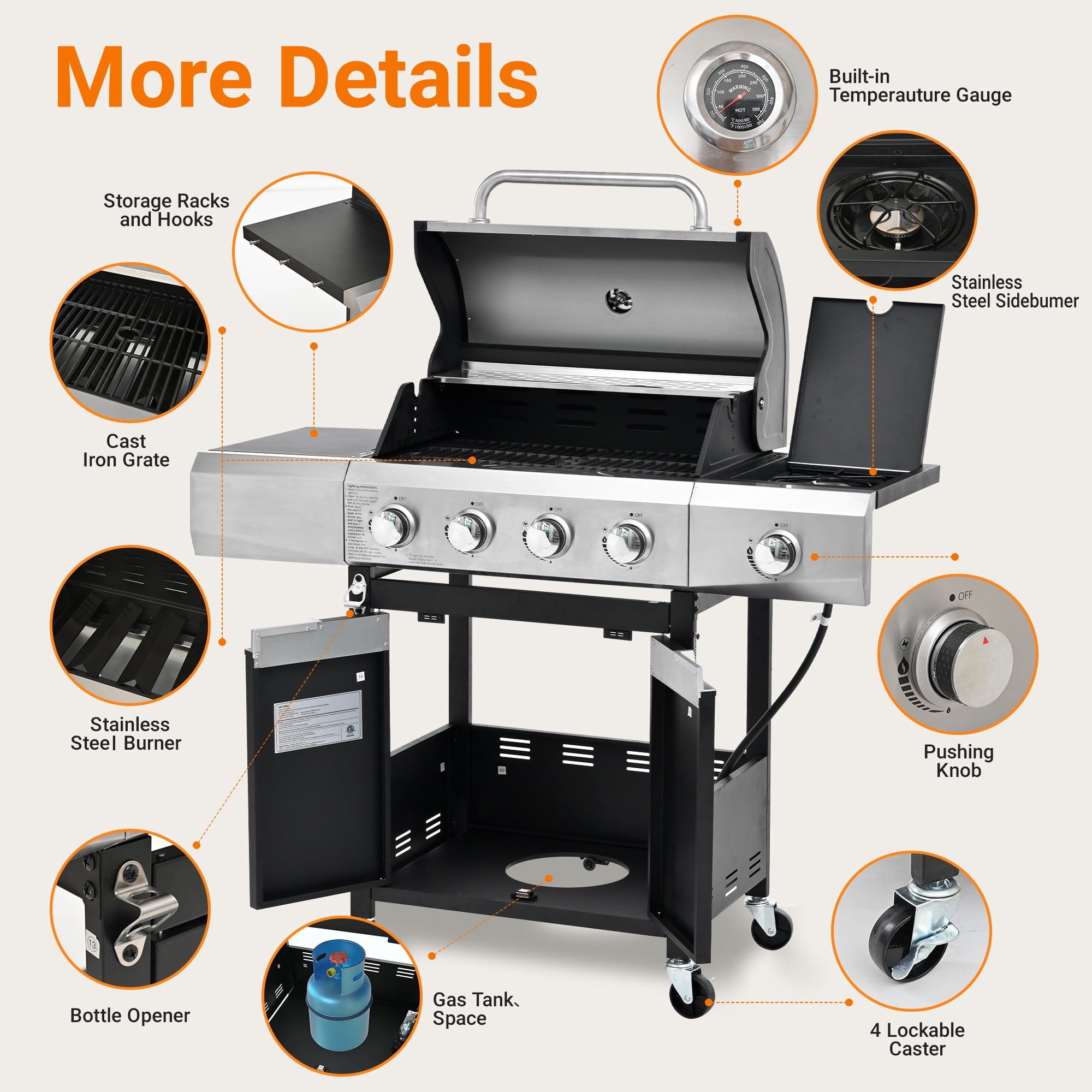 SUGIFT Propane Grill 4 Burner Barbecue Grill Stainless Steel Gas Grill with Side Burner & grill Cover