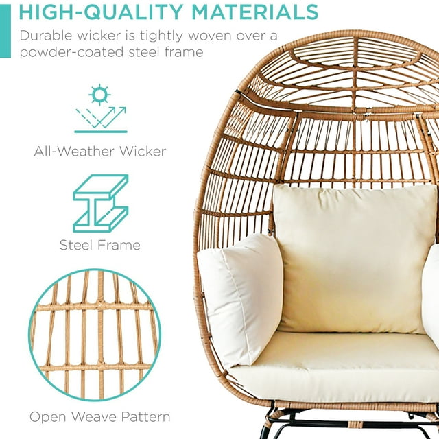 SUGIFT Wicker Egg Chair Oversized Indoor Outdoor Patio Lounger with Steel Frame, 440lb Capacity, Beige