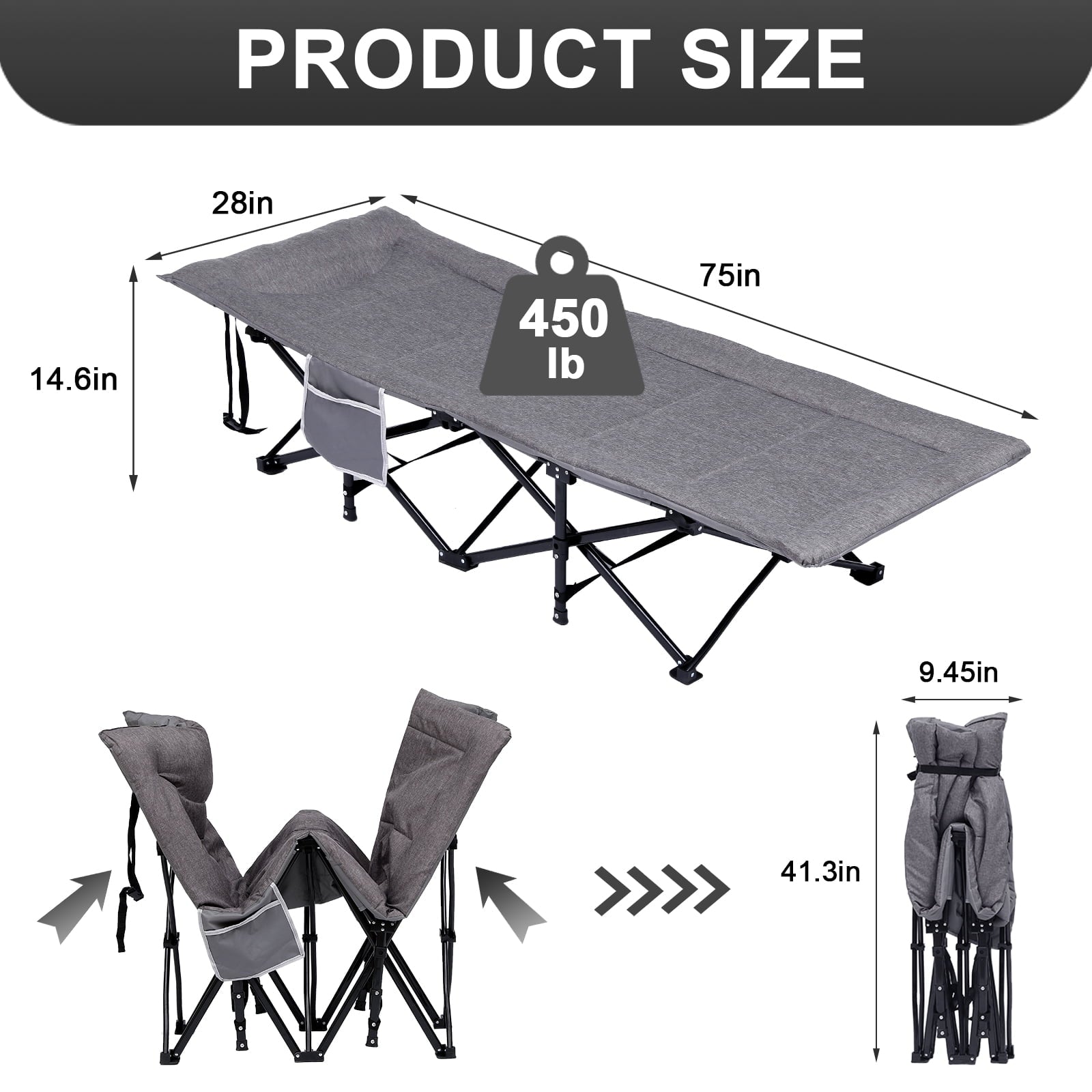 SUGIFT Folding Camping Cot W/Mat for Adults, Heavy Duty Outdoor Bed with Carry Bag, 1200 D Layer Oxford Travel Camp Cots