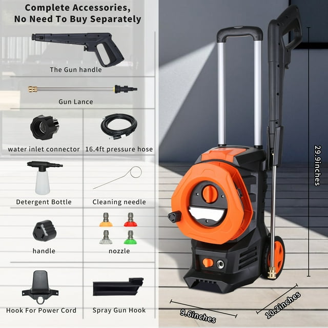 SUGIFT 3300PSI Electric Pressure Washer with 4 Nozzles Foam Cannon and Hose Reel Orange