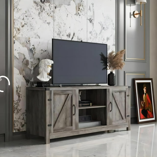 SUGIFT Modern Farmhouse Barn Door TV Stand for TVs up to 65", Reclaimed Barnwood
