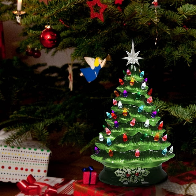 SUGIFT 15in Pre-lit Hand-Painted Ceramic Tabletop Christmas Tree Green
