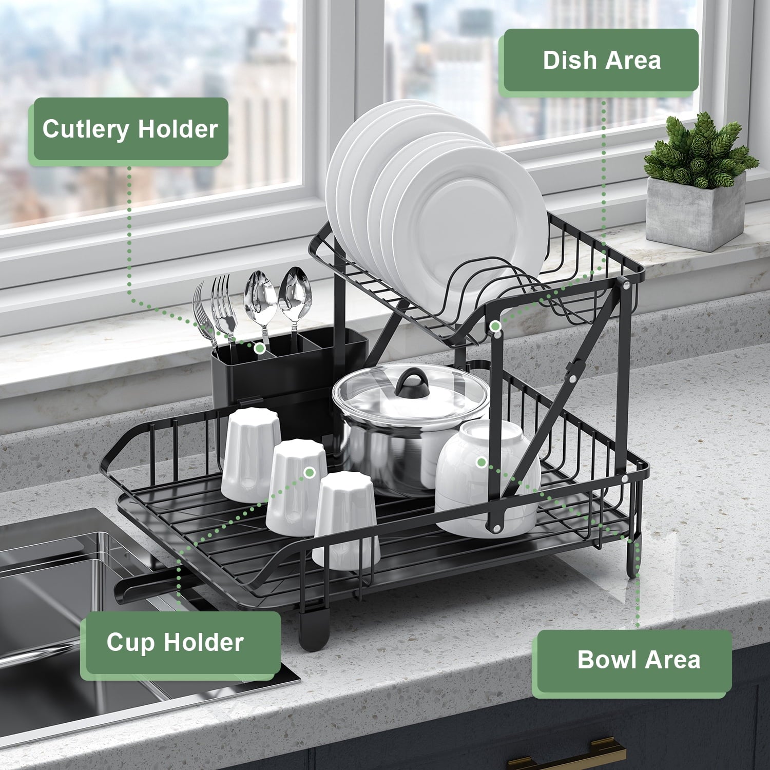 SUGIFT 2 Tier Collapsible Rust Proof Dish Rack with Removable Drip Tray Stainless Steel Black