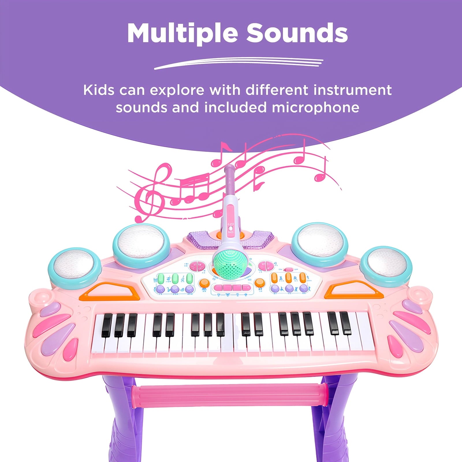 SUGIFT 37-Key Kids Electronic Piano Keyboard w/ Multiple Sounds, Lights Microphone, Stool - Pink