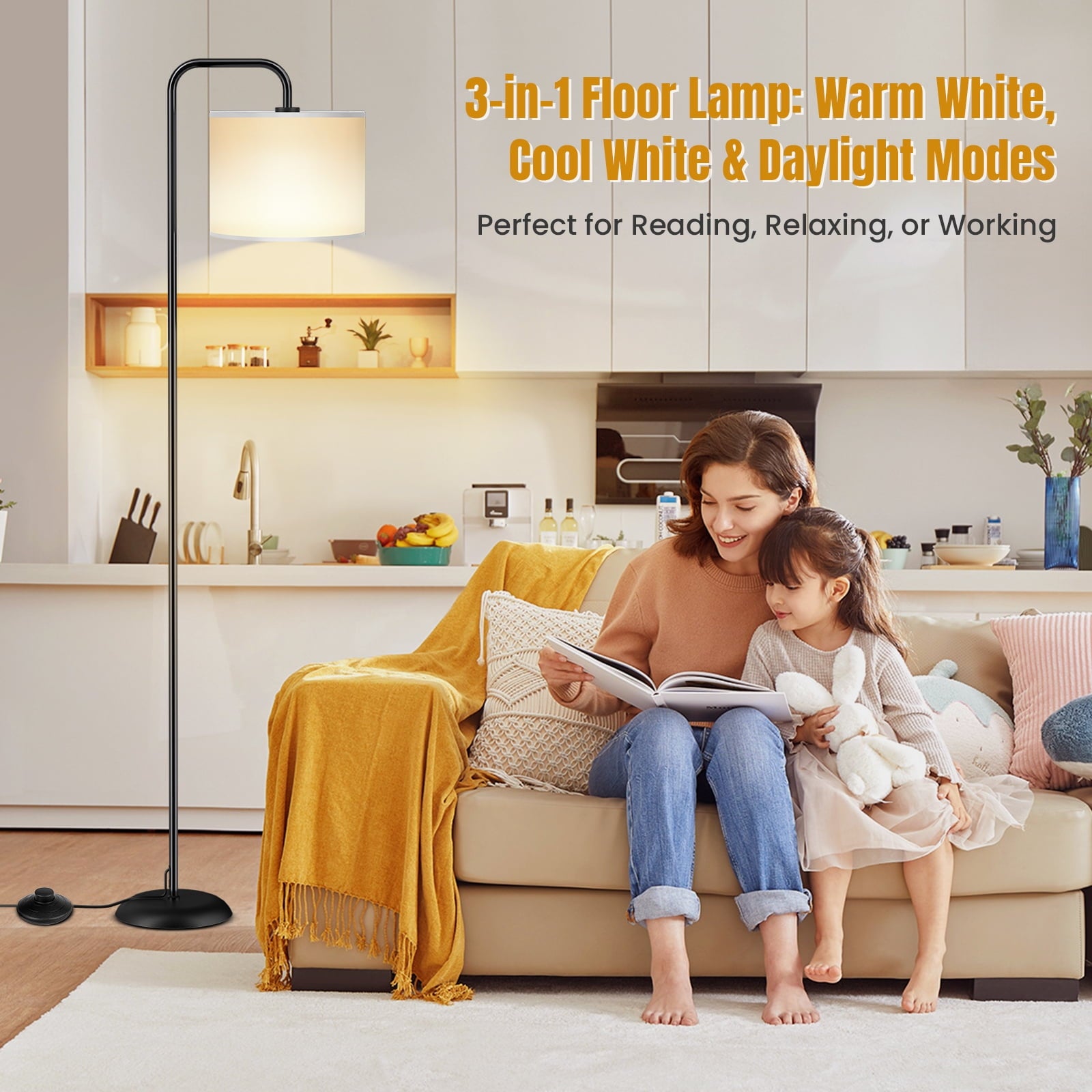 Harigal Floor Lamp for Living Room with 3 Color Temperatures Tall Standing Lamp with Linen Shade Footswitch (12W LED Bulb Included) Black