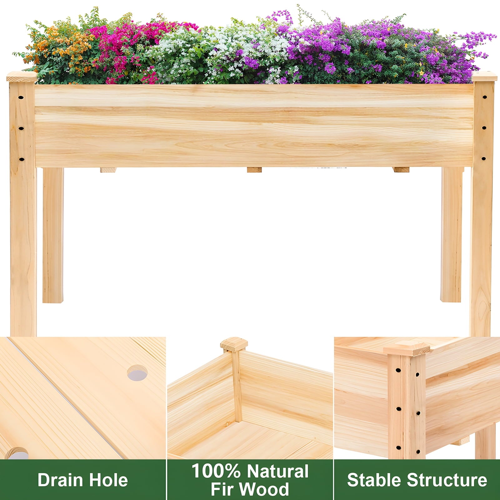 SUGIFT Raised Garden Beds for Outdoor Plants Wood Planter Box for Backyard, Patio - Natural