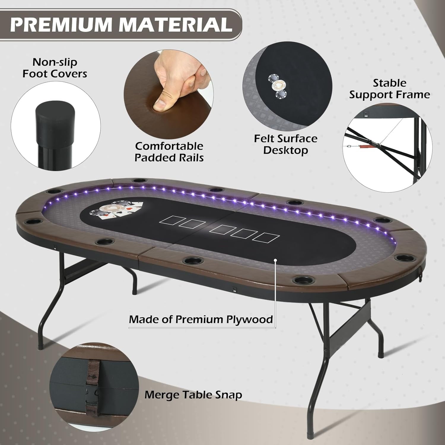 LED Poker Table 10 Player Foldable Texas Holdem Table w/Inlaid LED Light 2 USB 2 Type-c Ports Portable Blackjac for Texas Card Game w/Cup Holders and Padded Rails Brown 84 inch