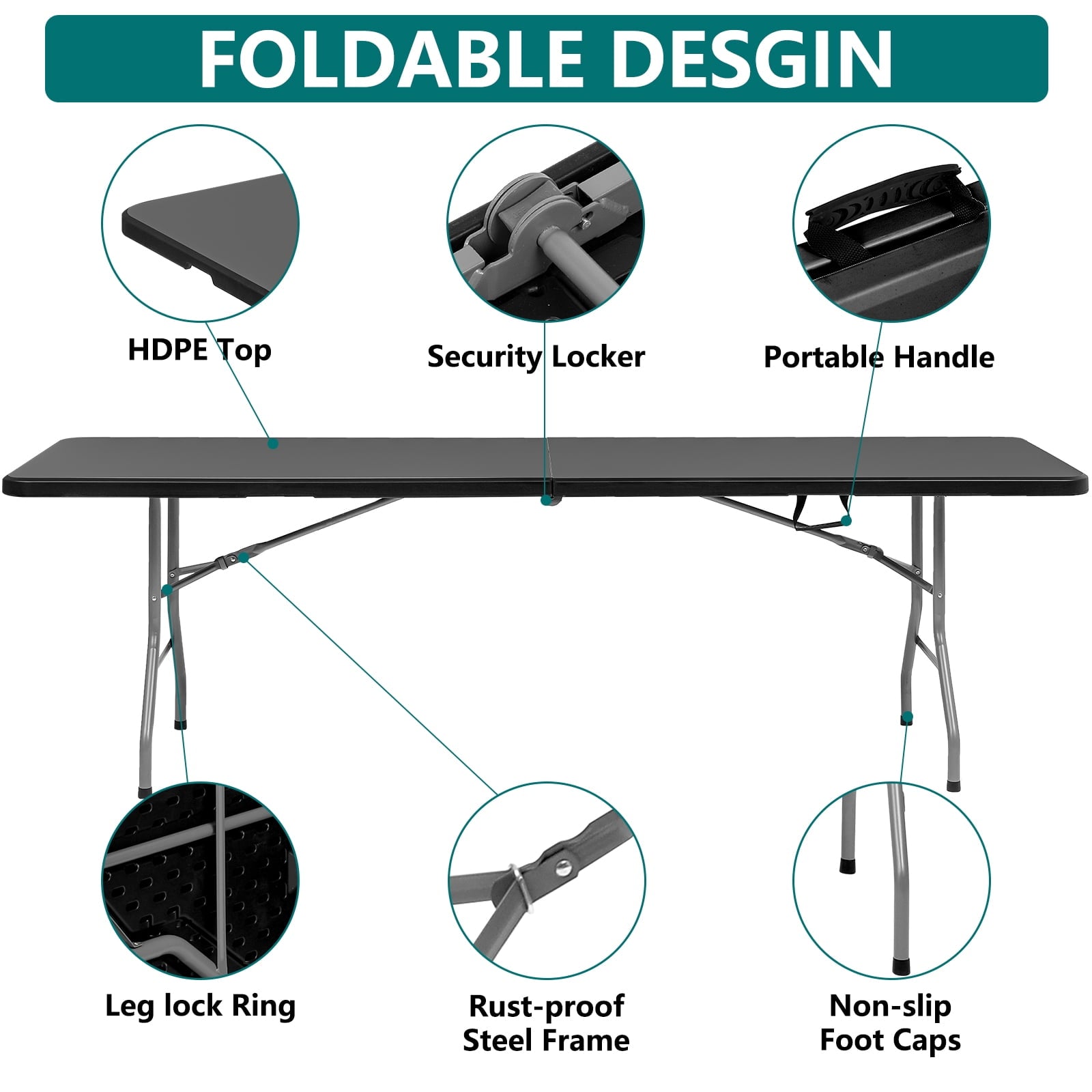 SUGIFT 8 Foot Folding Table Heavy Duty Plastic Portable Long Table for Indoor Outdoor Events, 10pack, Black