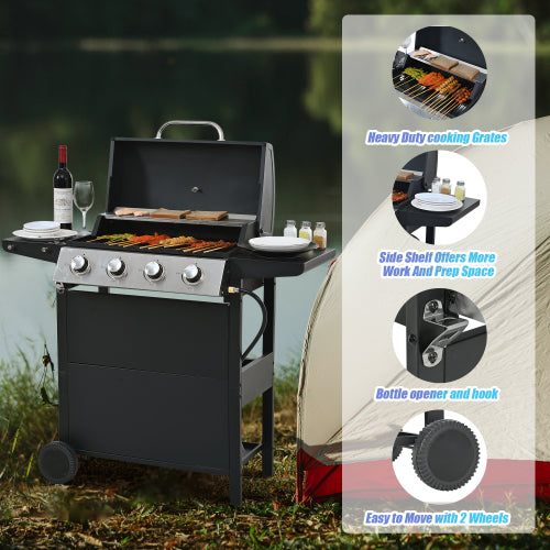 SUGIFT Propane Gas Grill 4 Burner Barbecue Grill, Stainless Steel 34,000 BTU Patio Garden Barbecue Grill with Two Shelves, Lid, Wheels and Bottle Opener