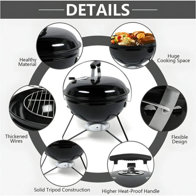 SUGIFT 14in Steel Portable Charcoal Grill, for Backyard Camping, Black