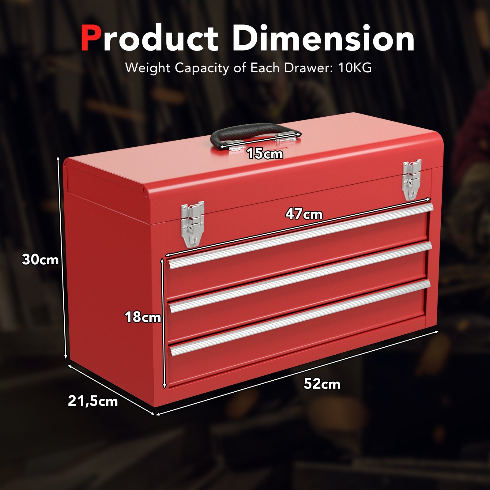 Portable Garage Mechanic Tool Cabinet Box with 3 Drawers-Red