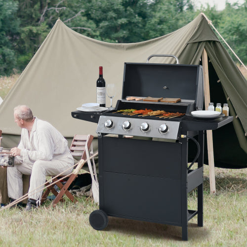 SUGIFT Propane Gas Grill 4 Burner Barbecue Grill, Stainless Steel 34,000 BTU Patio Garden Barbecue Grill with Two Shelves, Lid, Wheels and Bottle Opener