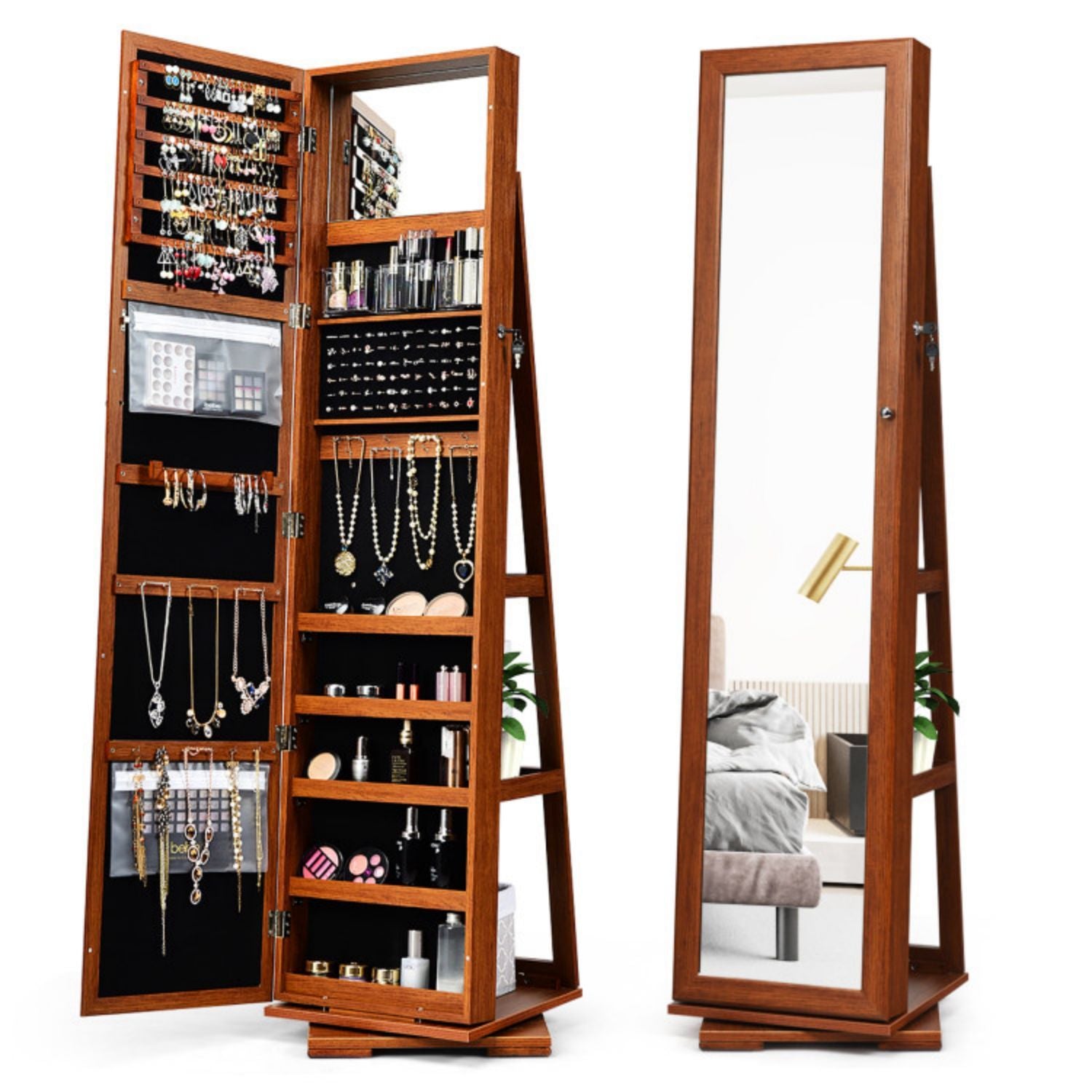 SUGIFT 360¡ã Rotatable 2-in-1 Lockable Jewelry Cabinet with Full-Length Mirror-Brown