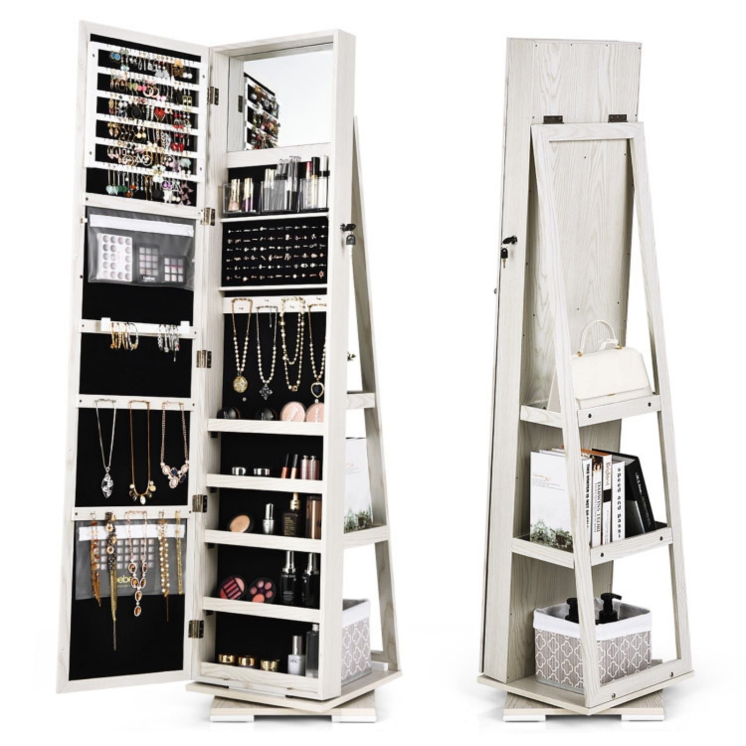 SUGIFT 360¡ã Rotatable 2-in-1 Lockable Jewelry Cabinet with Full-Length Mirror-White