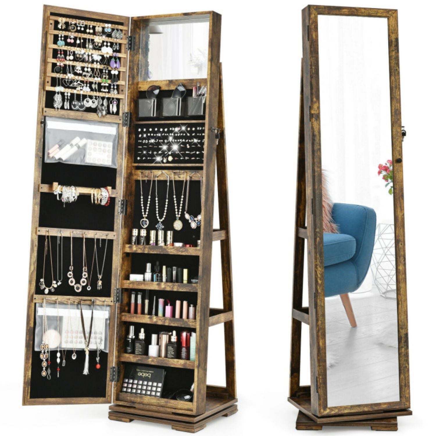 SUGIFT 360¡ã Rotatable 2-in-1 Lockable Jewelry Cabinet with Full-Length Mirror-Rustic Brown