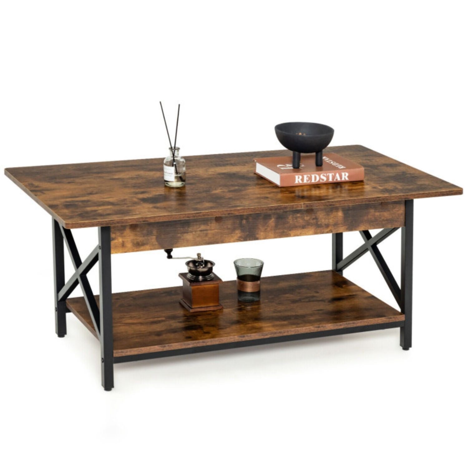 SUGIFT 2-Tier Industrial Rectangular Coffee Table with Storage Shelf-Rustic Brown