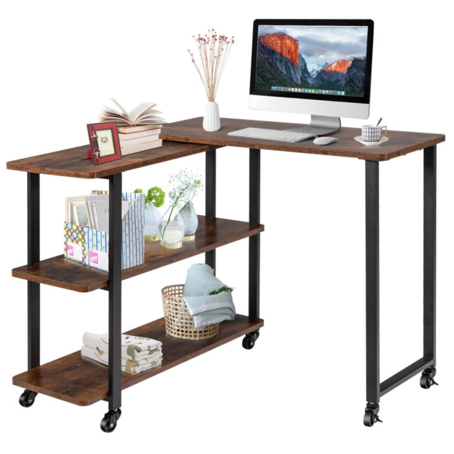 SUGIFT 360¡ã Rotating Sofa Side Table with Storage Shelves and Wheels-Rustic Brown
