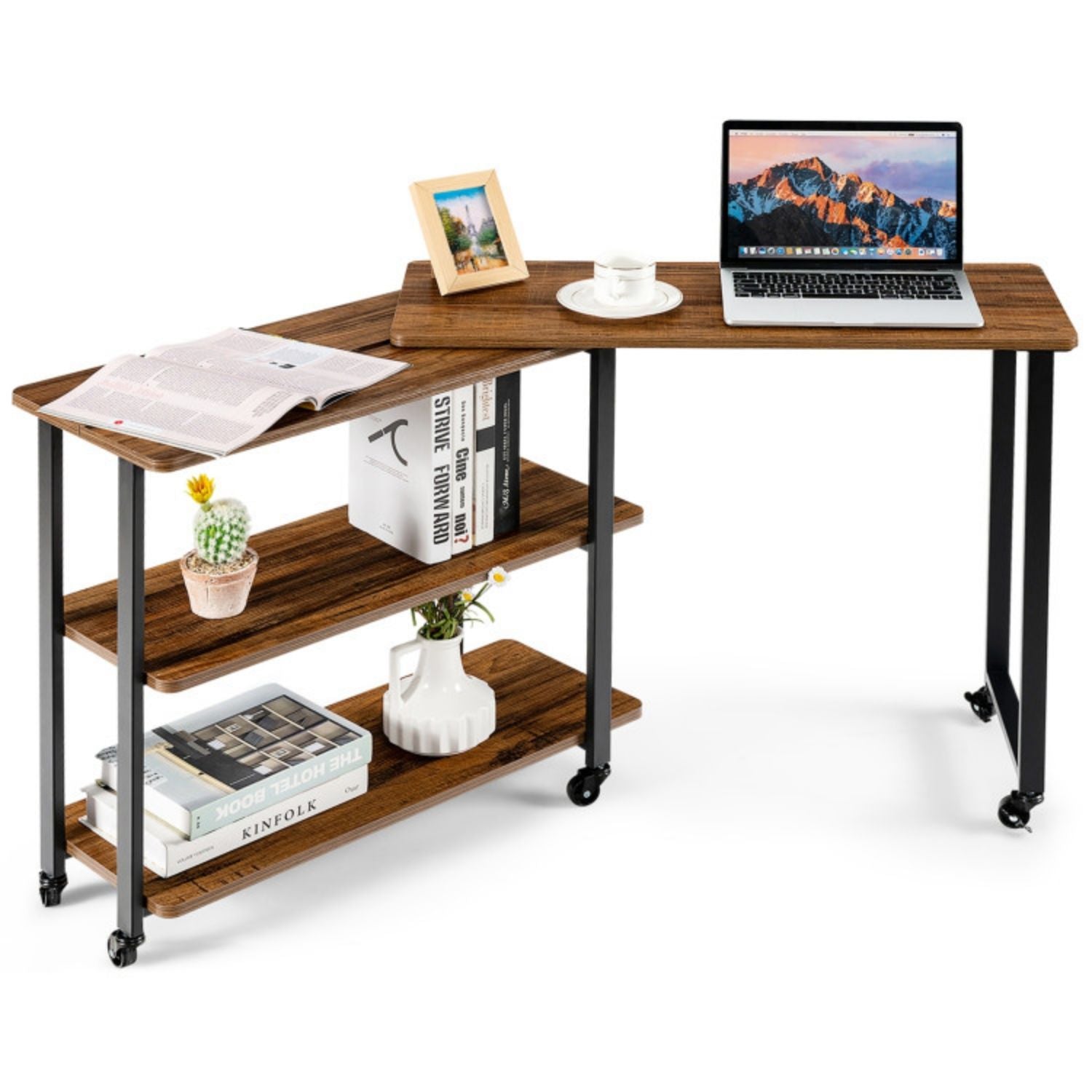 SUGIFT 360¡ã Rotating Sofa Side Table with Storage Shelves and Wheels-Brown