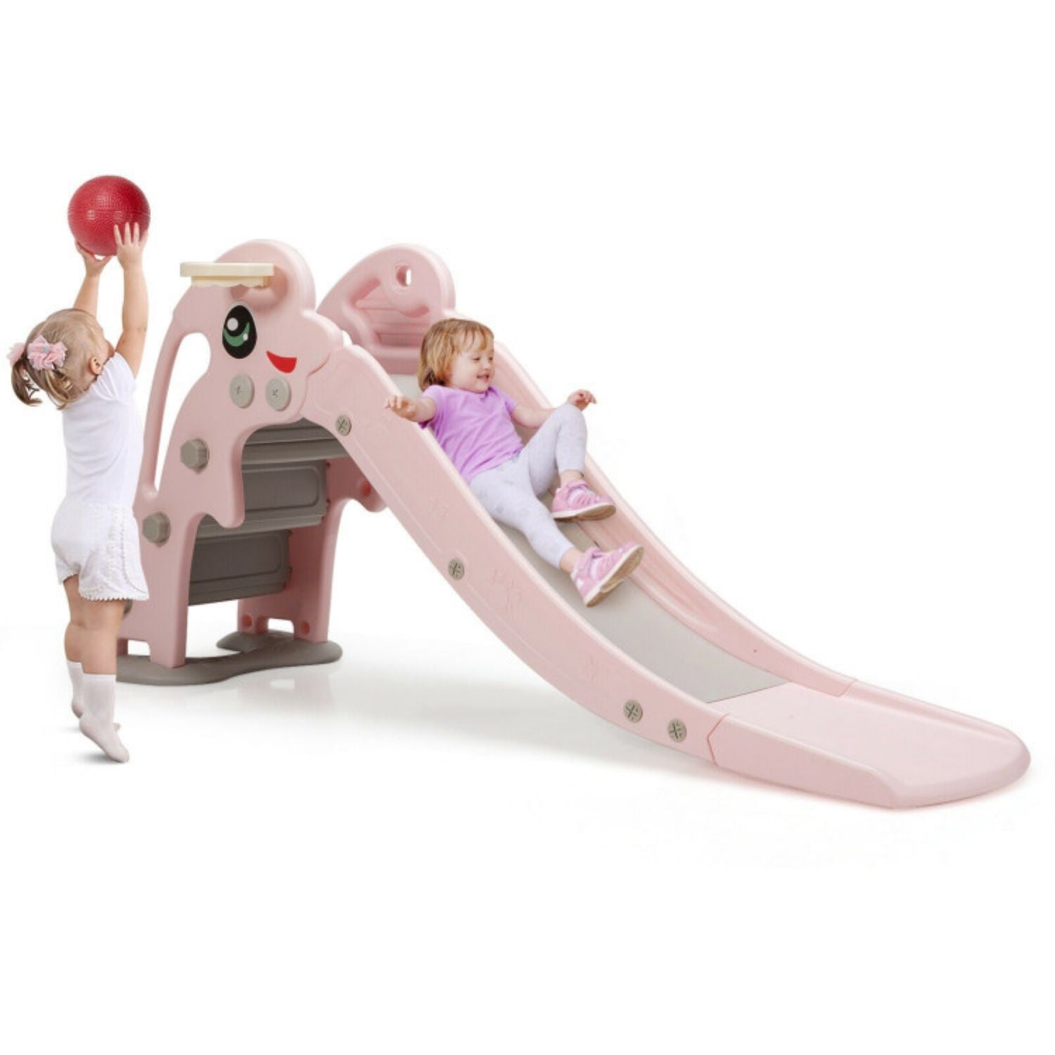 SUGIFT 3-in-1 Kids Climber Slide Play Set? with Basketball Hoop and Ball-Pink