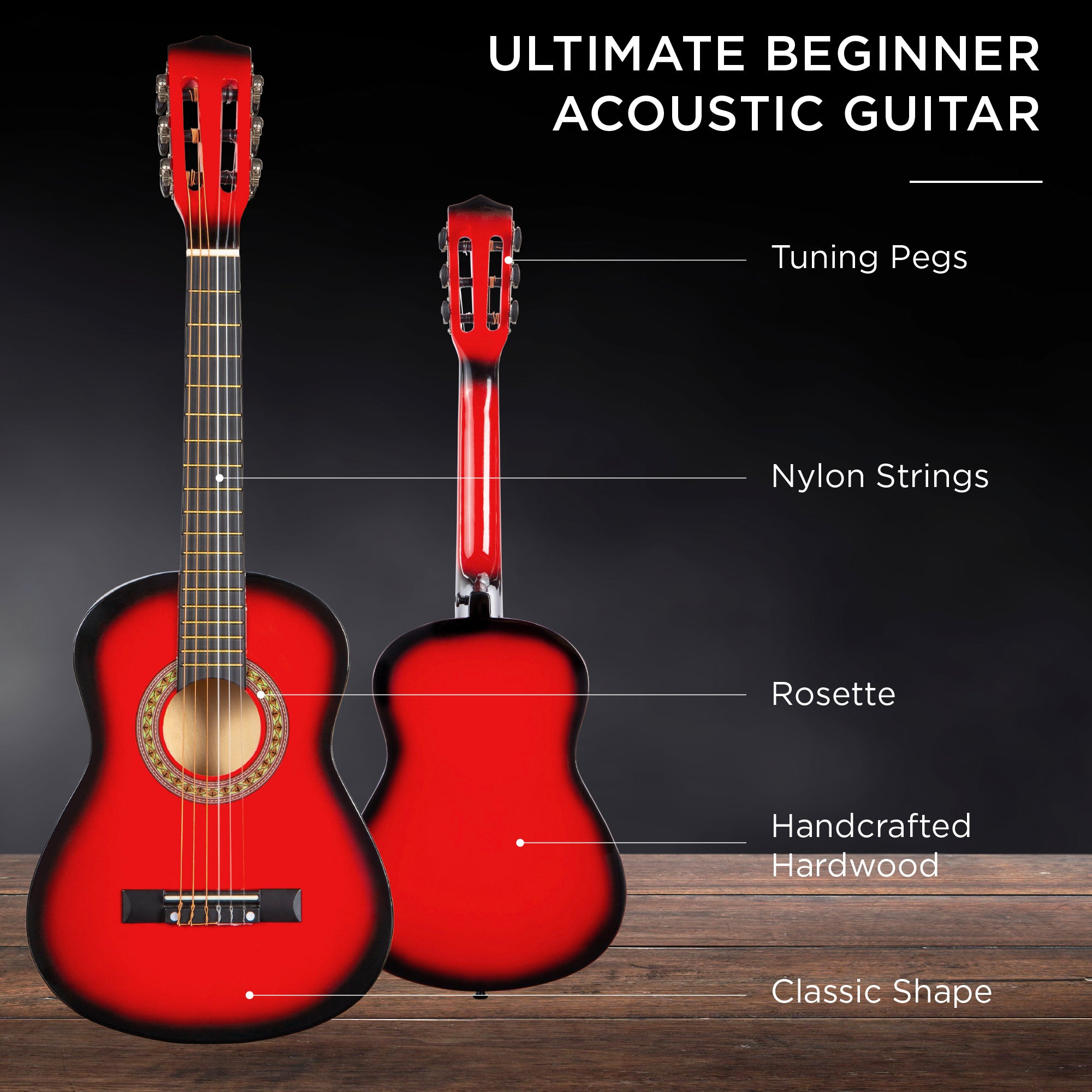 SUGIFT 30in Kids Acoustic Guitar Beginner Starter Kit with Tuner, Strap, Case, Strings - Redburst