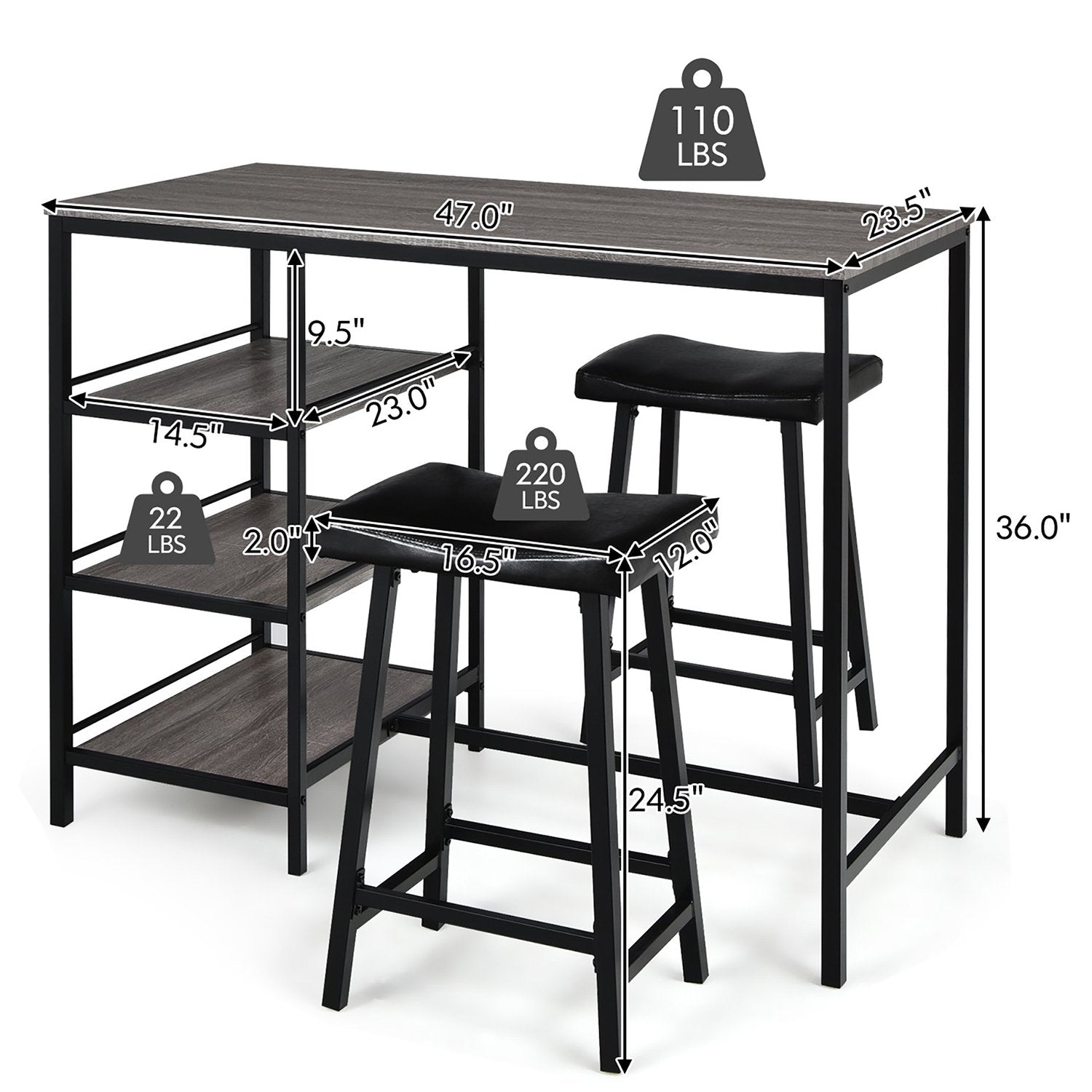 SUGIFT 3 Piece Counter Height Dining Bar Table Set w/2 Stools and 3 Storage Shelves Grey Black