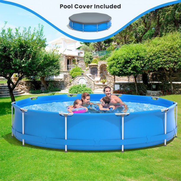 SUGIFT 11.8ft Round Swimming Pool With Pool Cover Family Outdoor Above Ground