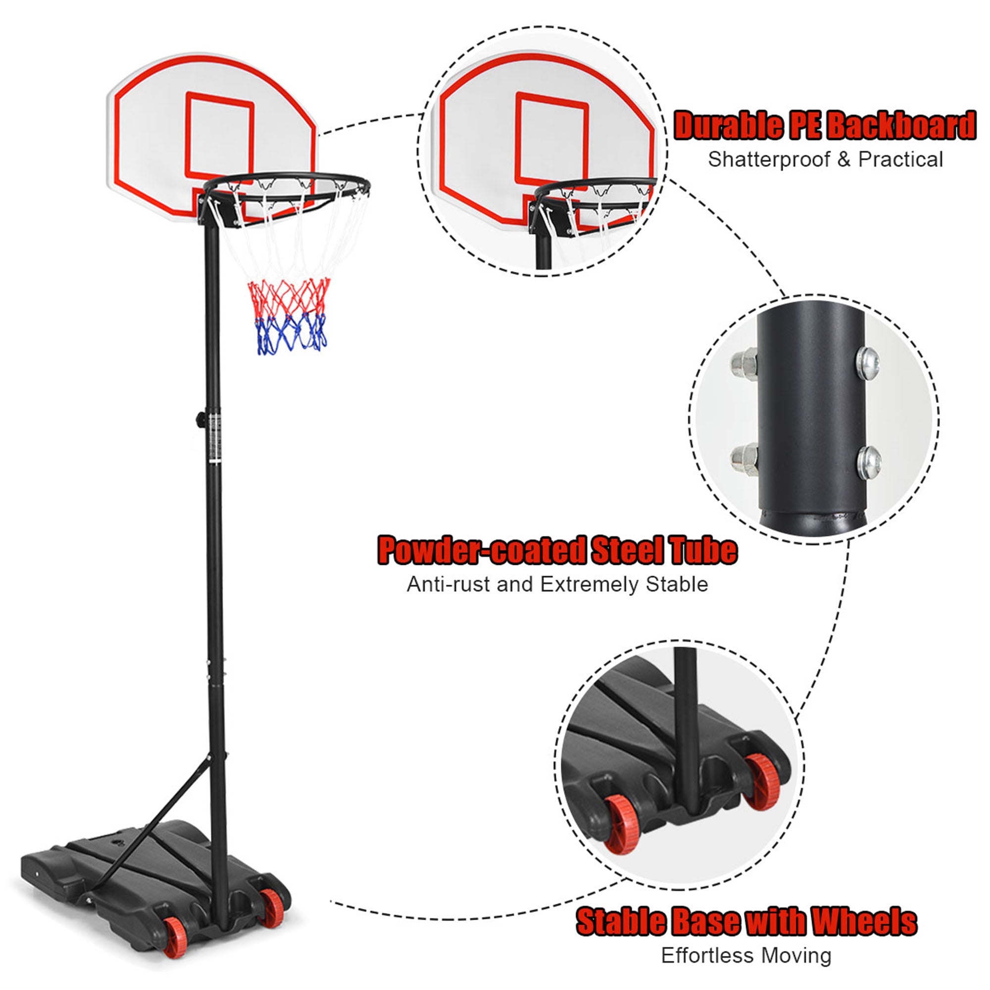 Height Adjustable Kids Basketball Hoop Stand with Durable Net Shatterproof Backboard Wheel
