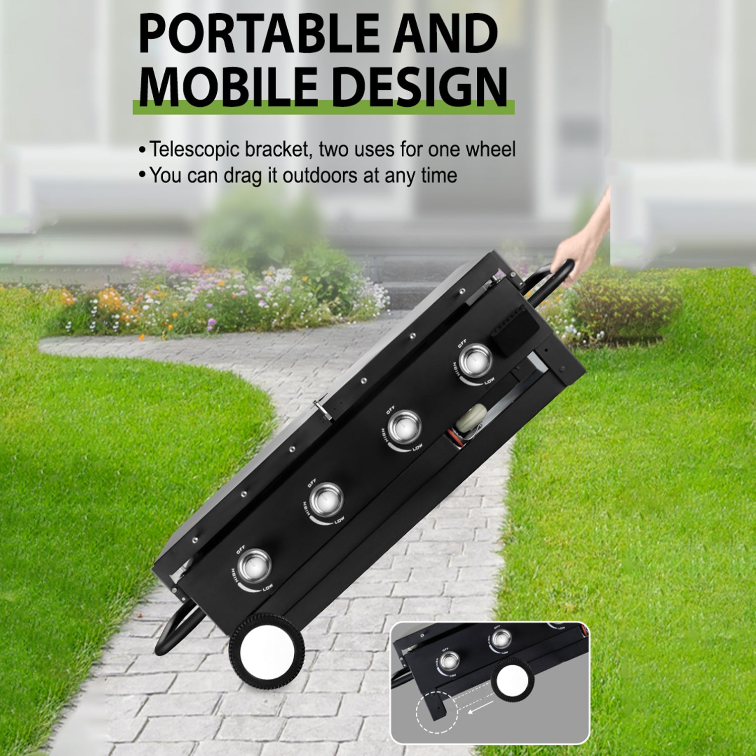 Black 4-Burner Outdoor Foldable Propane Gas Grill with Wheels