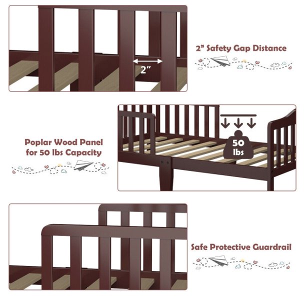 SUGIFT Wooden Toddler Bed, Classic Design Wood Bed Frame, Two Side Safety Guardrails & Wooden Slat Support for Kids Boys & Girls,Brown