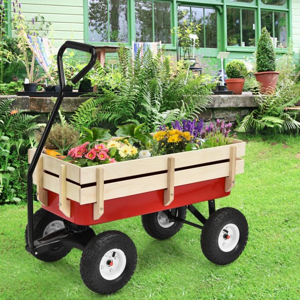 SUGIFT Outdoor Wagon Pulling Children Kid Garden Cart with Wood Railing