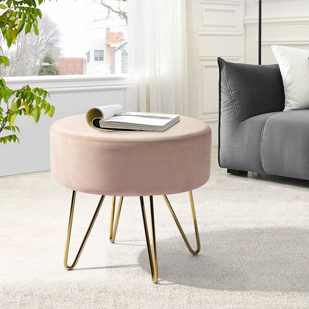 SUGIFT 17.7in Round Shaped Ottoman with Metal Legs Pink and Gold