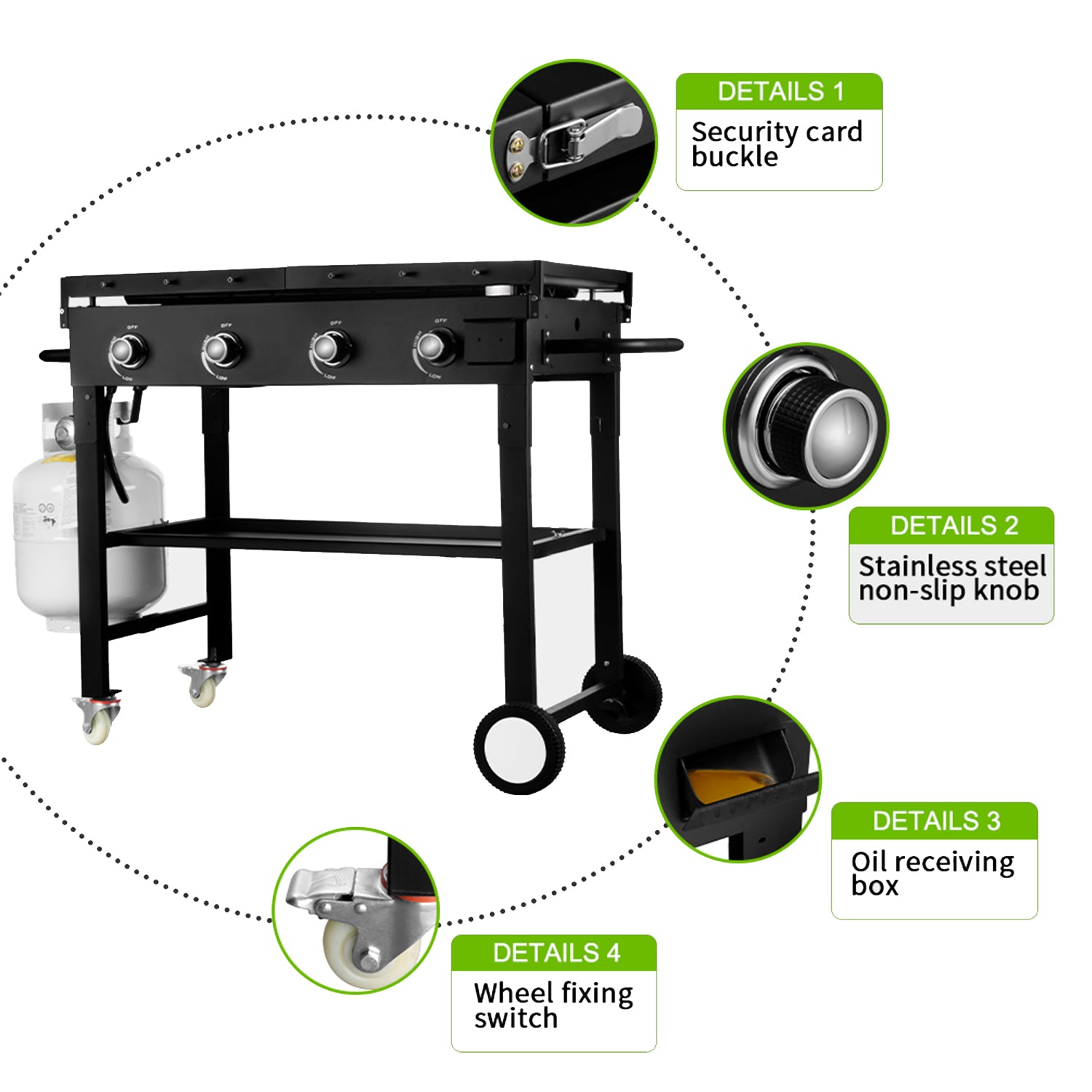 Black 4-Burner Outdoor Foldable Propane Gas Grill with Wheels