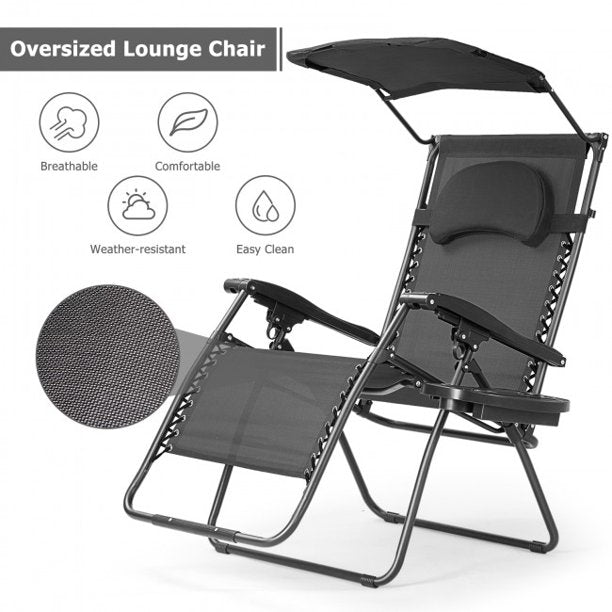 Folding Recliner Lounge Chair with Shade Canopy Cup Holder For Beach Swimming Pool Garden