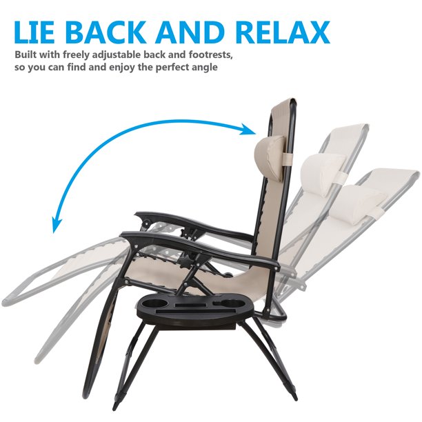 SUGIFT Set of 2 Adjustable Zero Gravity Lounge Reclining Chairs, W/ Cup Holder Tray & Pillow, Foldable, MAX 330LBs, 2PCS, Beige
