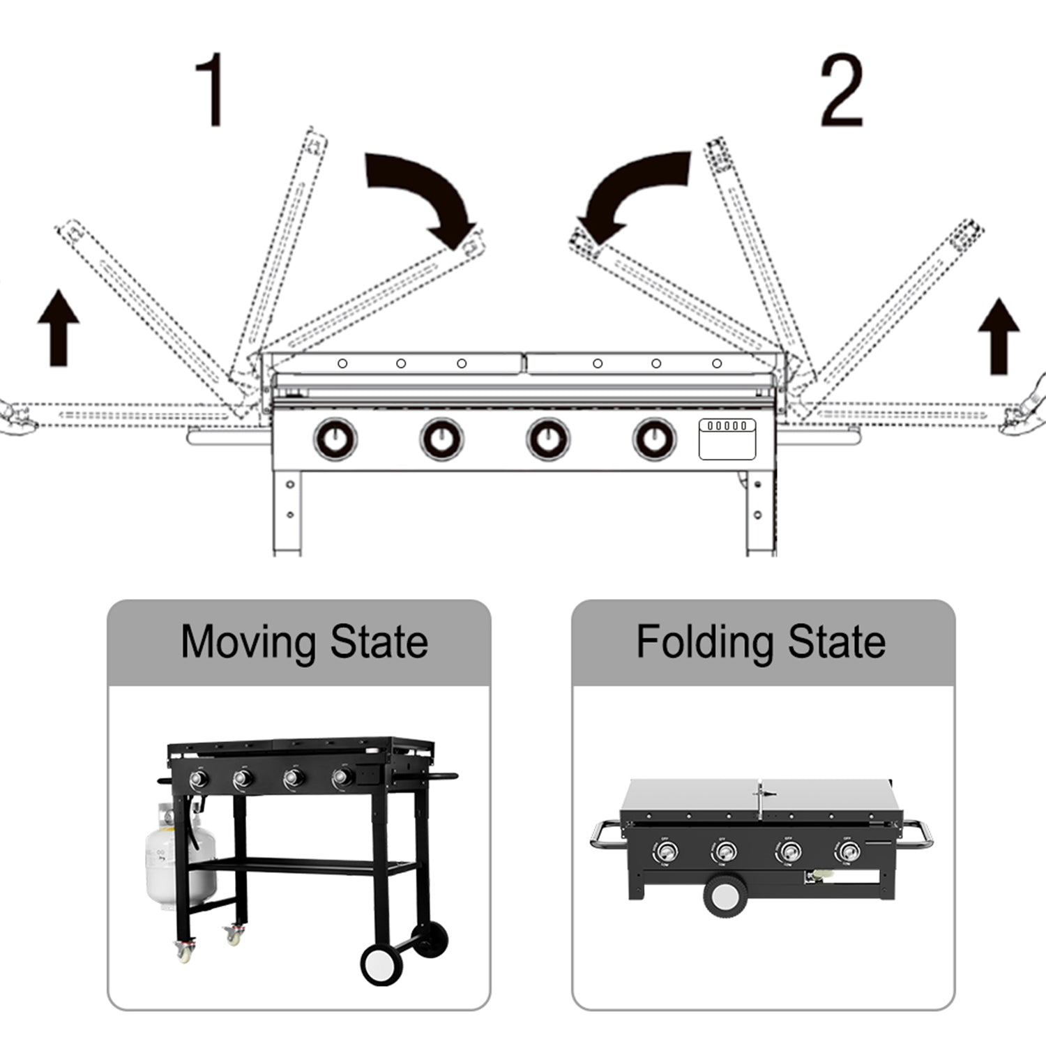 Black 4-Burner Outdoor Foldable Propane Gas Grill with Wheels