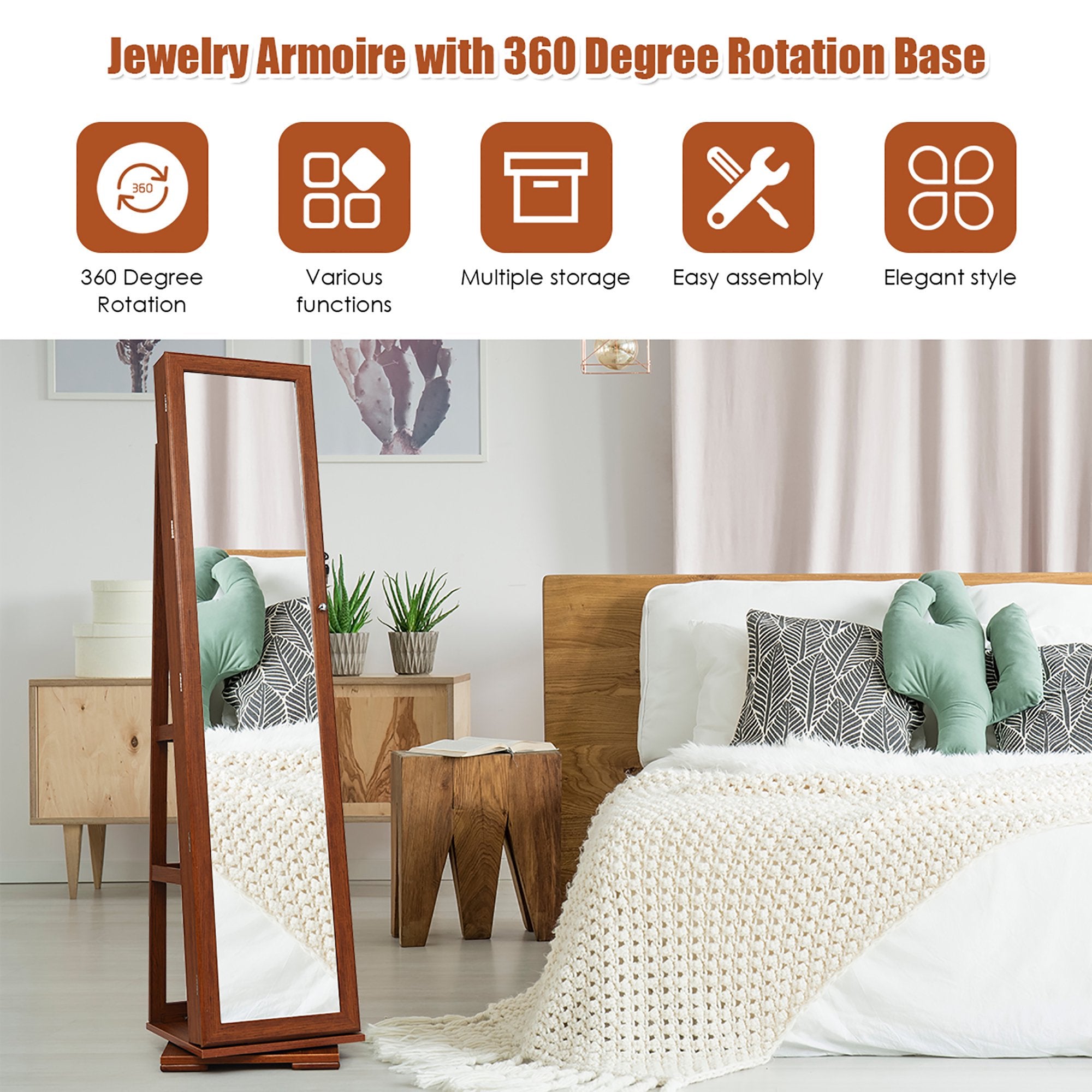 SUGIFT Jewelry Cabinet Wardrobe 360 Degree Rotatable Lockable Mirrored Organizer Brown