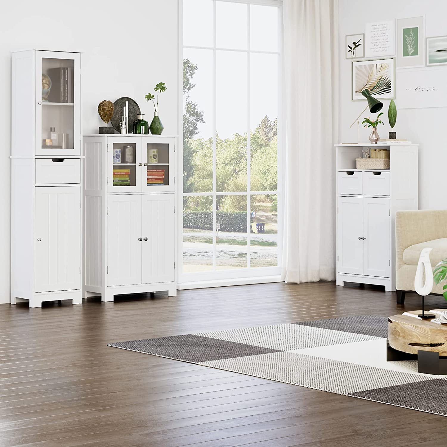 SUGIFT Storage Cabinet Wooden Floor Cabinet with Adjustable Shelves, White