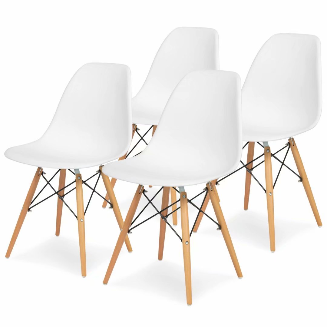 Set of 4 Mid Century Modern Dining Chairs w/ Wood Legs, Molded Plastic Shell - White
