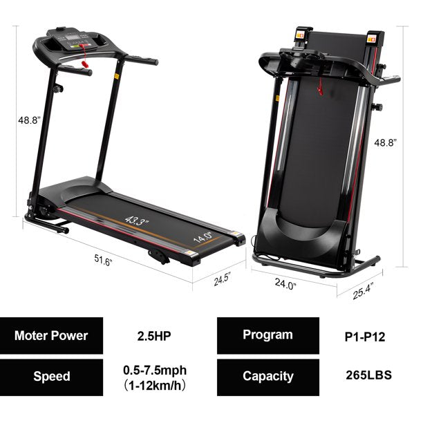 SUGIFT Smart Electric Folding Treadmill with Incline 2.5HP 12KM/H Electric Treadmill for Home, Bluetooth Music Cup Holder Heart Rate Sensor