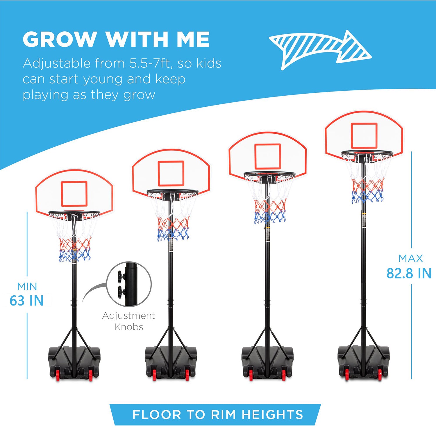 Height Adjustable Kids Basketball Hoop Stand with Durable Net Shatterproof Backboard Wheel