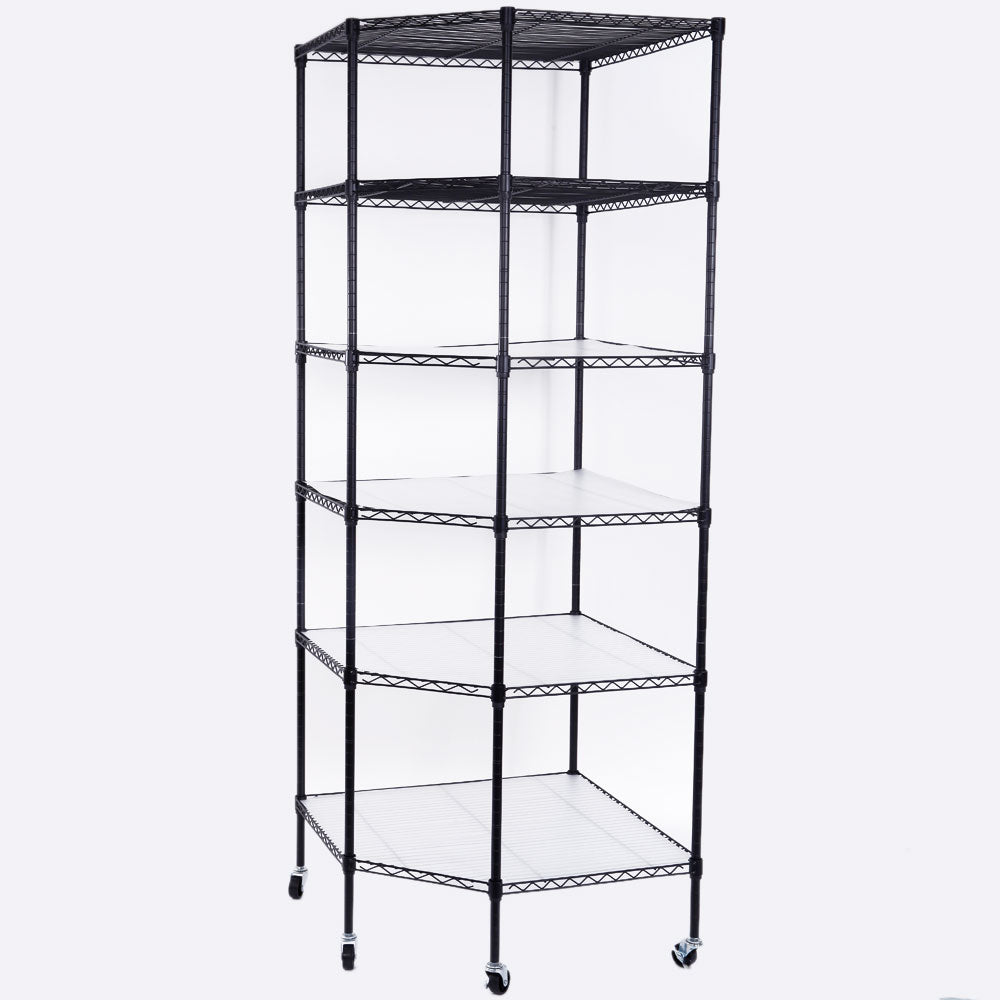 6-Layer Plastic Coated Polygonal Corner Shelf with 2 in PP Wheels 680*680*1800 Black