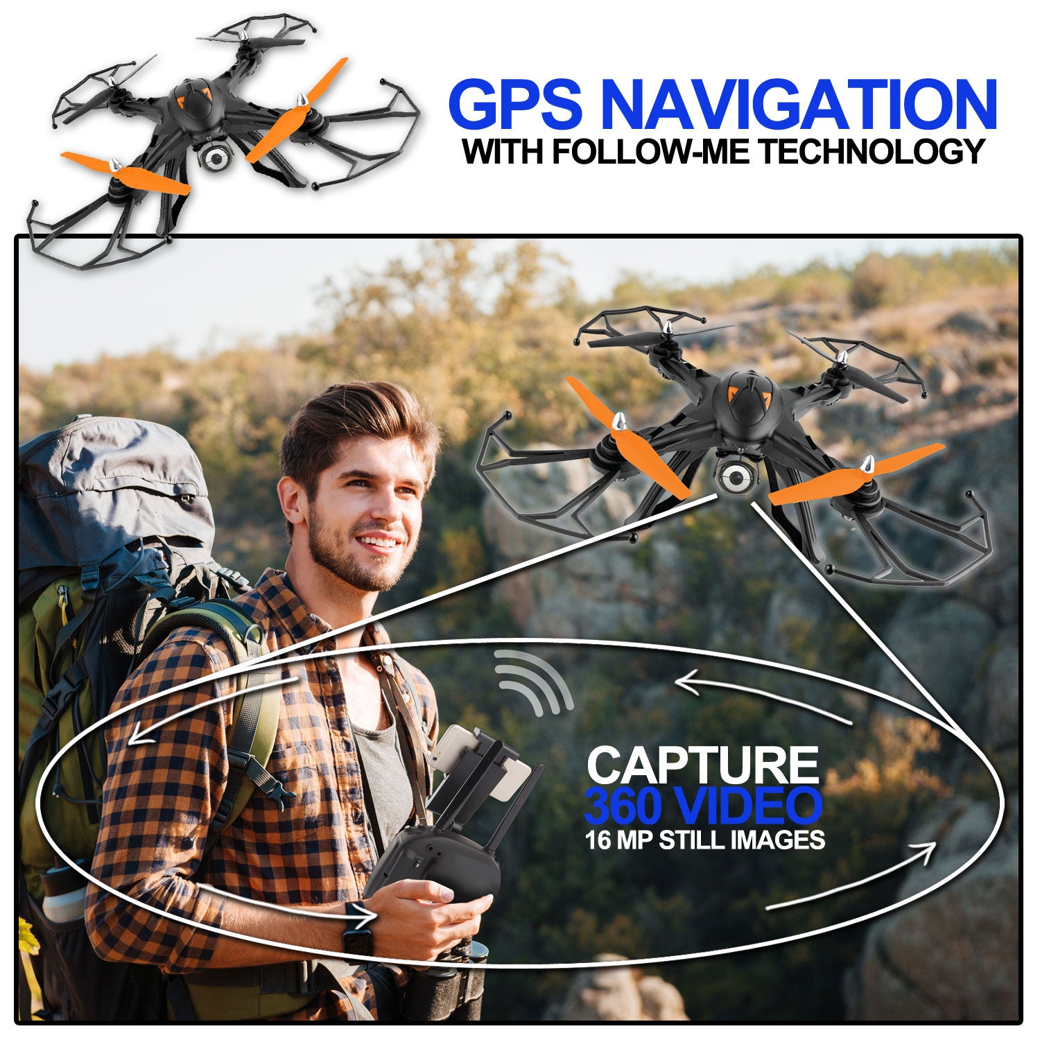SUGIFT 360 Sky View Wifi HD Video Drone with GPS and 16 Mega Pixel Camera, Works with iOS & Android Devices Black
