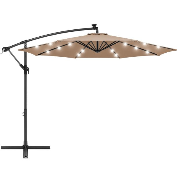 SUGIFT 10ft Solar LED Offset Hanging Outdoor Market Patio Umbrella w/ Easy Tilt Adjustment - Tan