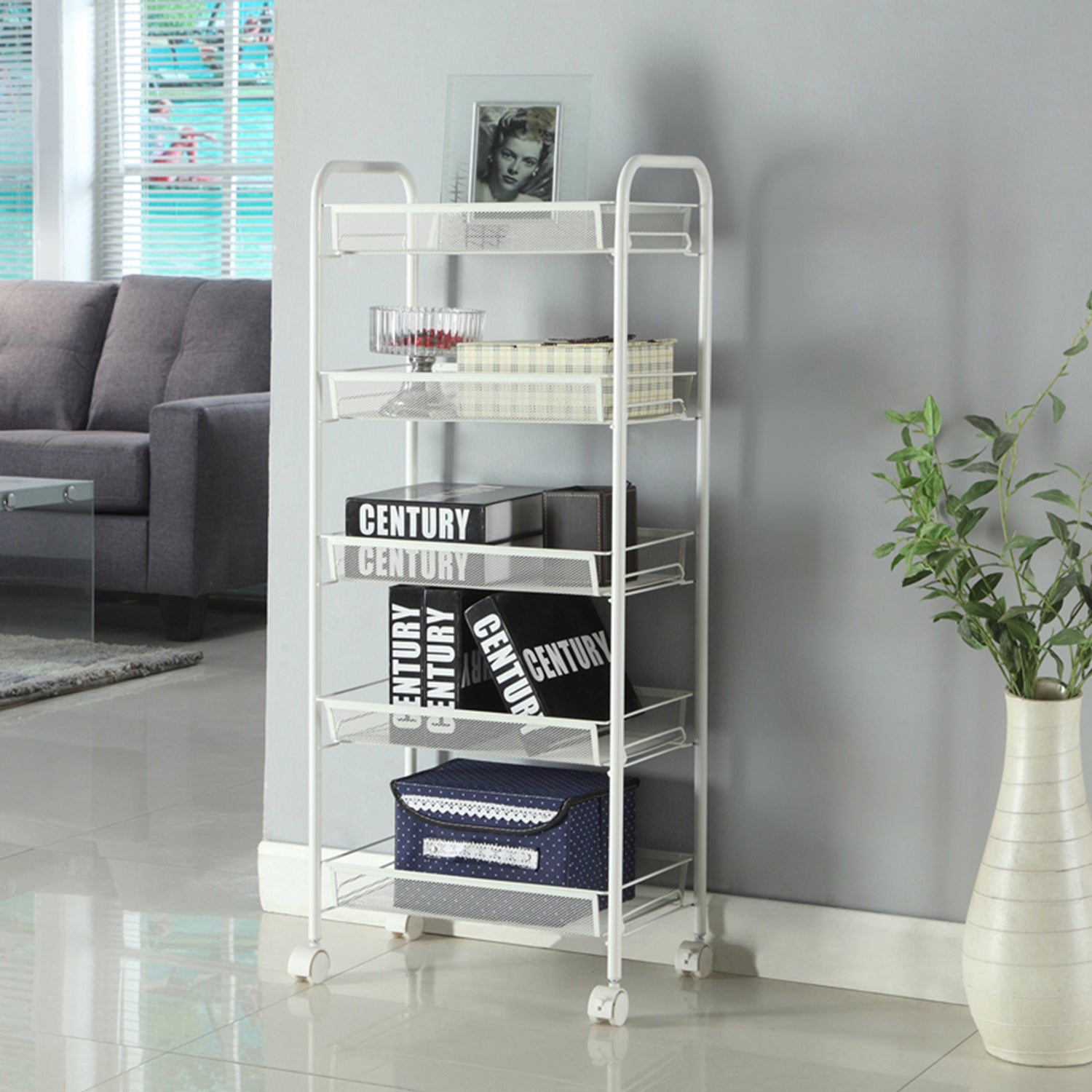 SUGIFT Five Tiers Storage Cart Honeycomb Mesh Storage Trolley with Hook Ivory White